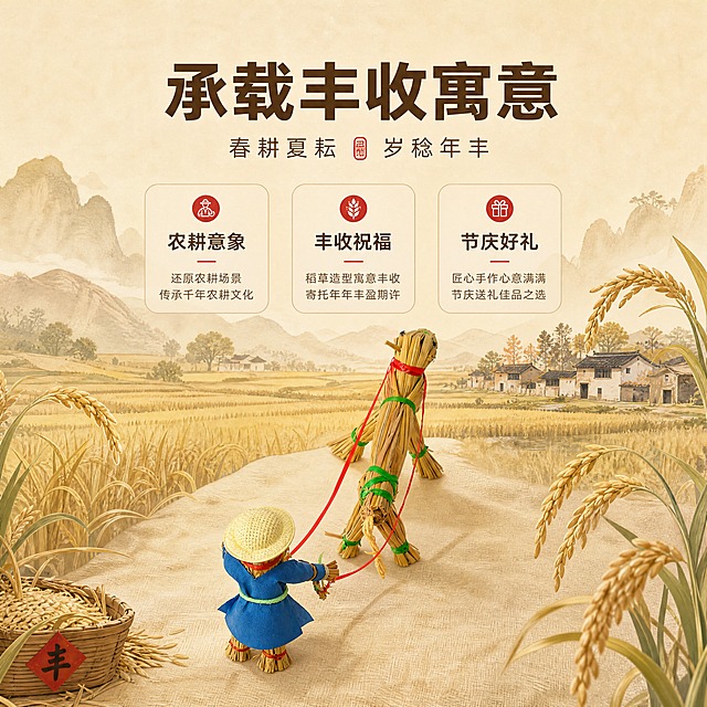 [商品] 使用【图1】手工稻草春耕摆件；保留产品完整造型与颜色；产品置于画面中下部，作为农耕文化意象载体。
[画面] 目标：寓意解读，传递农耕丰收文化内涵。构图：产品位于画面下方居中，占画面40%；背景为淡金色水墨风格的田野、稻浪、远山意境插画；上方留白放置文案；营造有文化底蕴的诗意氛围。
[视觉] 套系策略：风格=中式质朴文创礼品商业摄影；标题字=阿里巴巴普惠体粗体；正文字=阿里巴巴普惠体常规；主色=暖米黄+稻草金；背景延展=基于暖米黄做深浅层级、同色渐变和麻布/稻秆纹理质感；强调色=朱砂红，仅用于小面积图标、引线和标签；标题色=深棕褐；正文色=暖棕灰；组件=圆角米底信息卡、细线引线、稻穗装饰元素；光影=柔和顶光，产品与背景意境融合。
[文字] 上方主标题「承载丰收寓意」，副标题「春耕夏耘 岁稔年丰」，3个文化点：农耕意象、丰收祝福、节庆好礼；文字排版雅致有层次。
[规格] 图片比例1:1，4K分辨率，负向提示：避免变形、错字、文字过小、冷蓝背景、极限词、环保/天然/原生态等违规词、淘宝平台违禁词。