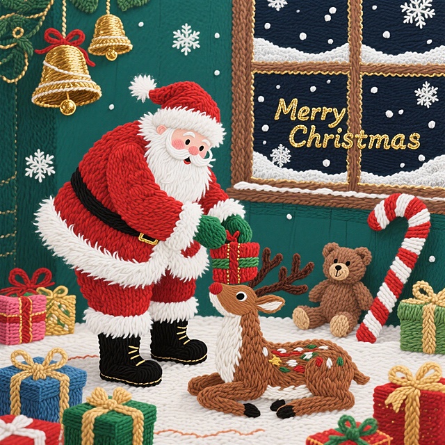 圣诞老人正在给袜子里塞礼物（要全身），脚边是一只可爱麋鹿趴着，周围散落了一些不同大小的礼品盒，窗外是飘落的雪花，窗户上是英文“Merry Christmas”艺术字，房间内点缀着金色铃铛、拐杖糖、玩具小熊等，温馨氛围。