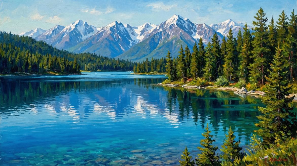一张贝加尔湖的油画，蓝色湖泊清澈透亮，远处是连绵的雪山，湖边分布着森林，画面富有油画质感，笔触细腻色彩浓郁，整体氛围静谧自然预览效果
