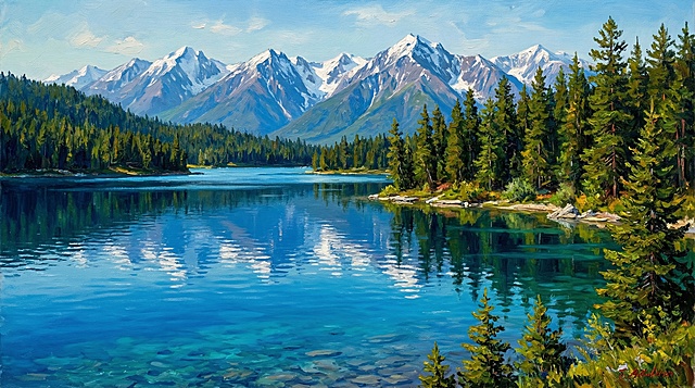 厚涂风油画，融合印象画派笔触，展现雪山湖景的静谧与清透，绿松林影倒映湖面，唯美感与文艺气息交织，传递夏日清新之境。