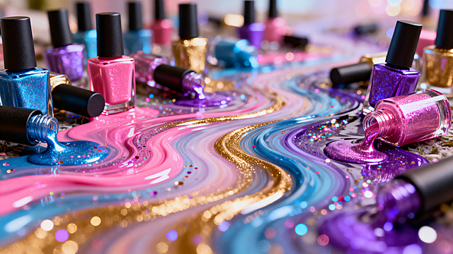 数千个甲油胶瓶子构成的壮丽河流，甲油胶瓶子倒下液体颜料一样融合流动，呈现出鲜艳的粉、蓝、金、紫渐变色，带有动态模糊效果，画面中点缀闪烁的亮片颗粒，背景是柔和的散景，采用微距摄影风格，画面具有体积光效果，光滑质感，8k分辨率，虚幻引擎5渲染
