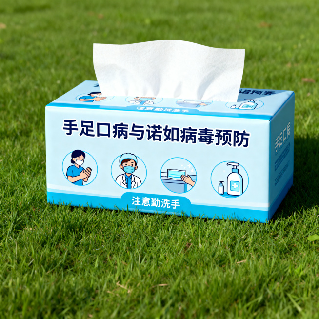 抽纸包装盒设计，包装盒正面印有醒目标题：手足口病与诺如病毒预防，整体风格干净卫生，蓝色调为主，搭配简洁的卫生防护插画，底部印有温馨提示注意勤洗手，专业医疗科普包装设计预览效果