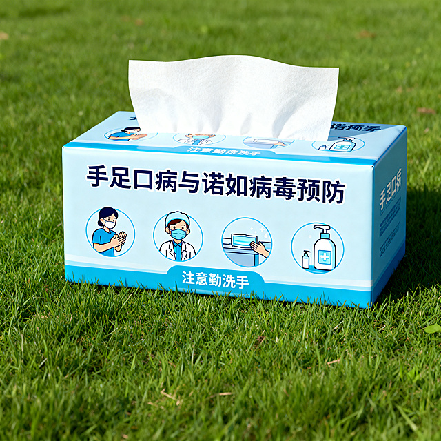 抽纸包装盒设计，包装盒正面印有醒目标题：手足口病与诺如病毒预防，整体风格干净卫生，蓝色调为主，搭配简洁的卫生防护插画，底部印有温馨提示注意勤洗手，专业医疗科普包装设计