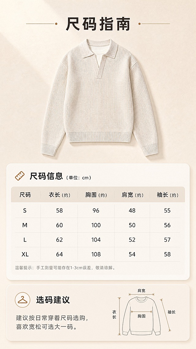 [商品] 使用【图1】米杏色假两件Polo领针织衫；商品处理：保留Polo翻领、假两件V型门襟、落肩长袖、短款收腰、华夫格针织纹理、米杏花纱颜色和整体版型；自然去除衣身、领口、袖子和下摆的杂乱褶皱与压痕，理顺垂坠，增强针织纹理、缝线和罗纹收边质感，不改变版型和结构。
[画面] 目标：尺码信息页，提供尺码表与选码建议。构图：上方针织衫正面平铺小图，下方清晰的尺码表格+选码提示；背景为浅米色带细腻纸张质感，搭配柔和投影；产品占画面30%，信息区占画面60%。
[视觉] 套系策略：风格=轻熟通勤高级商业摄影；标题字=现代无衬线粗体；正文字=简洁无衬线体；主色=米杏暖调；背景延展=基于米杏色做深浅层级、同色渐变和细腻织物/哑光墙面质感；强调色=焦糖棕，仅用于小面积图标、引线和标签；标题色=深炭棕；正文色=中暖灰；组件=圆角浅底信息卡、细线引线；光影=左前侧暖柔光，柔和自然阴影。
[文字] 顶部主标题「尺码指南」，下方表格含尺码（S/M/L/XL）、衣长、胸围、肩宽、袖长字段（用约/适合等保守表达），底部选码建议：「建议按日常穿着尺码选购，喜欢宽松可选大一码」；文字全部横向排版，表格清晰手机可读。
[规格] 图片比例9:16竖版，4K分辨率，避免变形、错字、文字过小、冷蓝/蓝灰背景、衣服颜色改变、版型失真、绝对化用语。