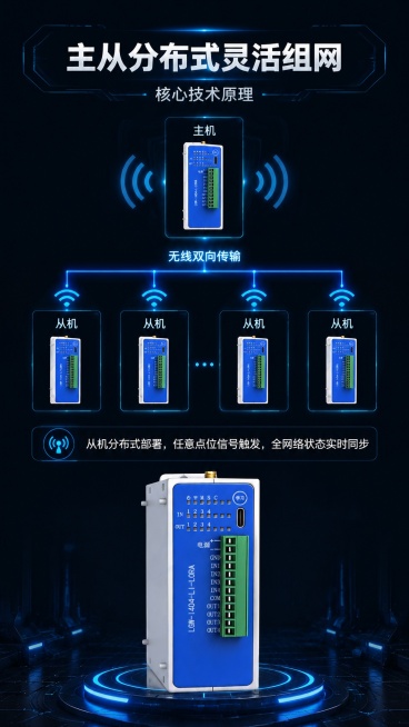 [第4屏] 核心技术原理，主机多从机主从组网工作原理示意，黑灰炫酷工业风。本屏使用【图1】产品展示，搭配组网示意图。
[氛围/风格] 技术科普科技风，深灰背景，蓝色发光连接线条，清晰炫酷技术展示
[元预览效果