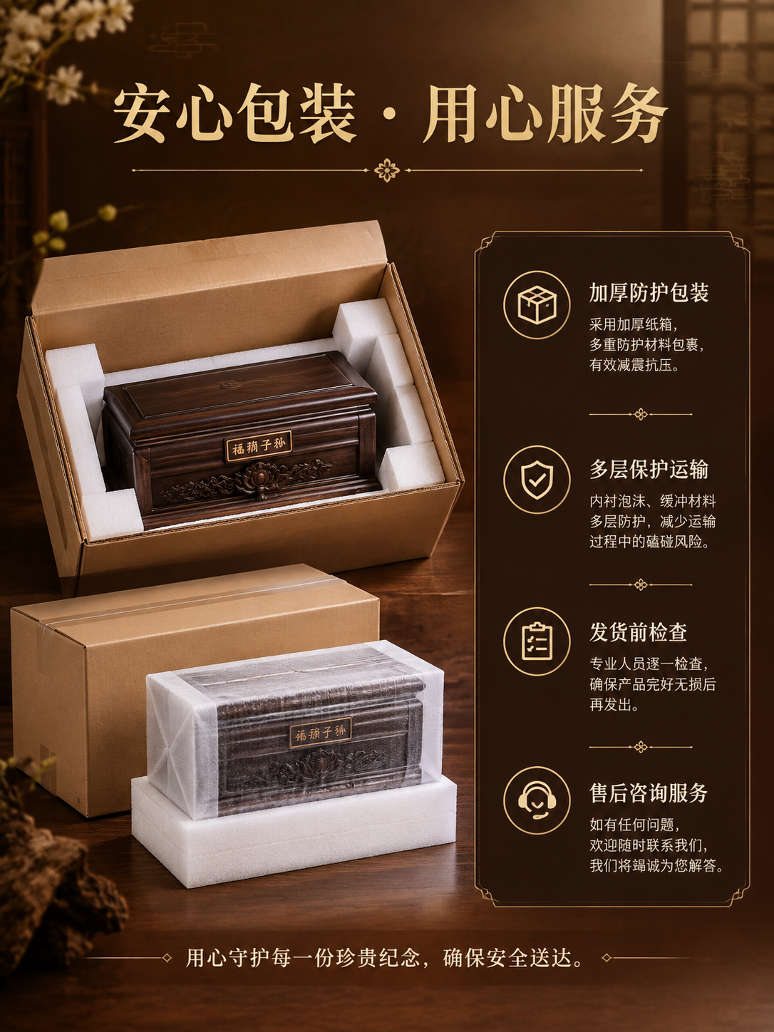 [商品] 黑檀木骨灰盒「福荫子孙」包装示意（外包装盒+防护材料… - 图片创意预览