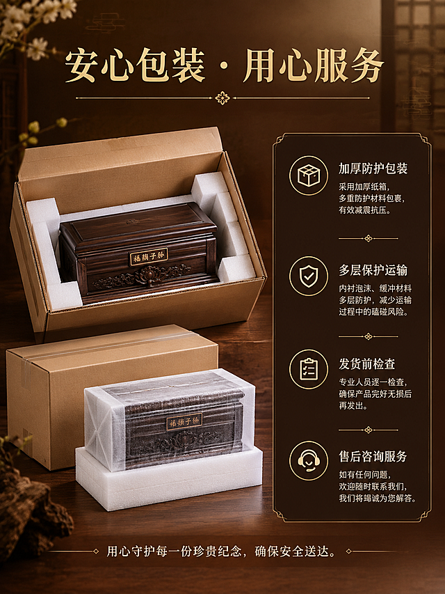 [商品] 黑檀木骨灰盒「福荫子孙」包装示意（外包装盒+防护材料概念）；保留产品外形轮廓；商品处理：以包装场景呈现，重点展示防护包装概念，不虚构具体包装品牌。
[画面] 页面目标：包装售后说明，增强购买信任感。构图：左侧为包装场景示意（加厚纸箱+缓冲防护材料+产品包裹示意），占画面约45%；右侧为售后服务信息卡。背景为暖棕渐变。阅读动线：顶部标题→左侧包装示意→右侧服务清单。
[视觉] 套系策略：风格=高端中式庄重纪念商业摄影；标题字=宋体衬线粗体；正文字=简洁宋体；主色=深棕黑檀色；背景延展=基于深棕做深浅层级、暖棕渐变与木质/宣纸质感；强调色=暖金色，仅用于小面积装饰线、标题点缀和图标；标题色=暖金色+深棕；正文色=米黄暖灰；组件=细线描边信息卡、中式分隔线、服务图标；光影=4000K暖光、柔和平光、清晰展示包装层次。
[文字] 顶部主标题「安心包装 · 用心服务」。右侧服务清单：「加厚防护包装」「多层保护运输」「发货前检查」「售后咨询服务」，每项配简约图标。底部补充文案「用心守护每一份珍贵纪念，确保安全送达。」文字全部横排。
[规格] 图片比例3:4竖版（宽790px高约1050px），4K分辨率，高质量。避免：冷蓝光、现代极简风、文字竖排旋转、绝对化宣传词、低俗元素、平台Logo水印。