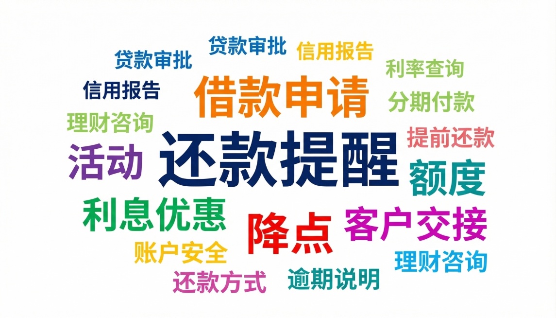 参照示例词云图，制作金融服务词云图，让"还款提醒"字体最大最突出，其次突出显示借款申请、利息优惠、活动、额度、降点、客户交接，保留原图片白底布局，不同关键词使用不同颜色，整体排版和示例保持一致预览效果