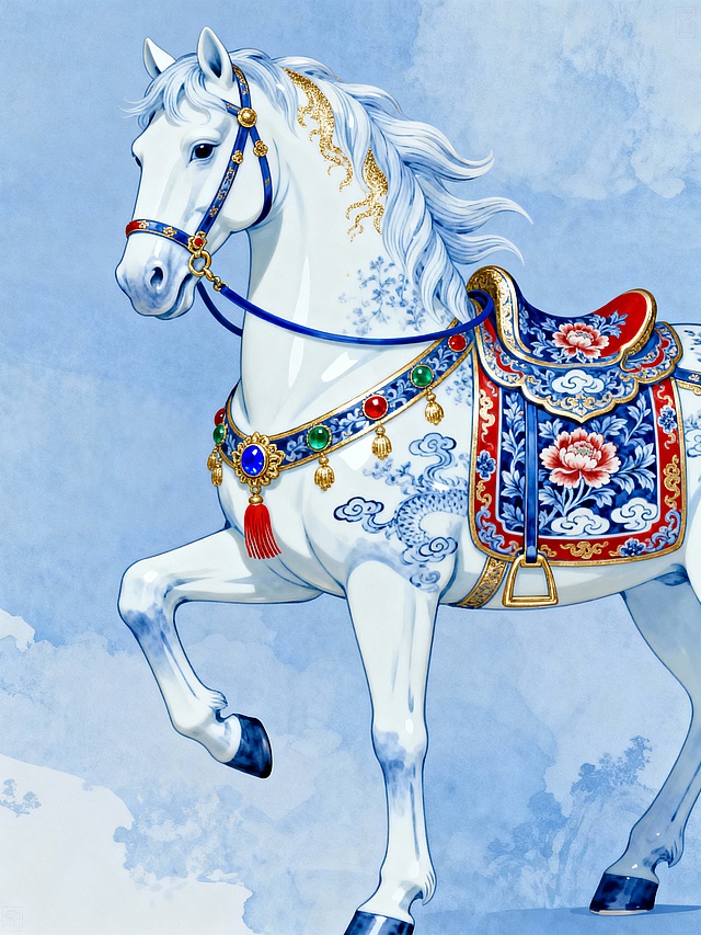 纯扁平风格，无光影，扁平的青花瓷画，青花瓷质感平面，柔润的瓷器表面高光，创作一幅扁平中式青花瓷画：通体雪白带浅蓝的青花瓷画骏马（前蹄轻抬呈优雅伫立姿态，马身上有花纹），马鬃飘逸，装饰华丽的珐琅彩鞍具与缰绳：鞍具以蓝、红为主色调，布满缠枝牡丹、祥云纹样，点缀金纹勾边；缰绳配宝石（蓝、红、绿）、金饰与流苏，鬃毛局部饰有鎏金纹理；主体印在青花瓷蓝淡彩质感背景上；风格是中式珐琅彩和青花瓷平面画风格，扁平画面