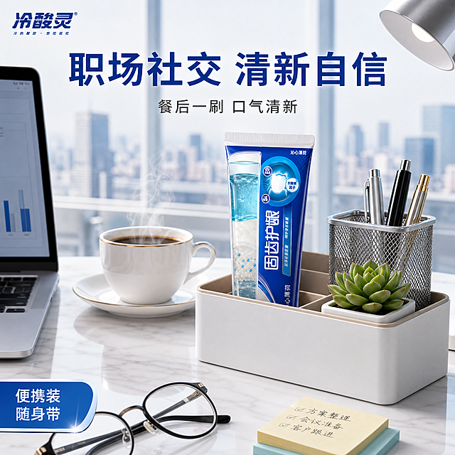 [主图-3] 冷酸灵固齿护龈牙膏办公室桌面场景 职场清新风
[氛围风格] 职场办公 清新口气 自信社交 现代简约
[画质] 超高清职场场景摄影质感 光线明亮 现代简约
[元素] 画面展示一个现代简约的办公室桌面 白色大理石纹桌面上 冷酸灵固齿护龈牙膏旅行装放在一个精致的收纳盒里 旁边是笔记本电脑的一角 一杯冒着热气的咖啡 一盆小型多肉植物 还有一个金属质感的笔筒 背景是模糊的办公室落地窗 窗外是城市天际线 左上角有冷酸灵品牌Logo 保持原品牌字形与配色 桌面上还有一副眼镜和几张便签纸 增加职场真实感 保持冷酸灵固齿护龈牙膏外观（即物理结构 材质质感 颜色 包装设计）与输入产品图绝对一致 杜绝任何变形和色差 精细化处理 商品主体占比约35%
[光影] 办公室自然光+台灯混合光 明亮柔和 桌面有清晰的反光 整体光线现代明亮 有职场精英感
[配色] 主色调为高级灰 白色 品牌蓝 辅助色为咖啡棕 植物绿 金属银 整体色调现代简约有品质感
[视角构图] 略微俯视角度 桌面一角 牙膏收纳盒在视觉中心 办公物品环绕 构图饱满有职场氛围 景深中等 背景虚化
[文字版式] 画面上方居中放置主文案 大字"职场社交 清新自信" 深蓝色粗体无衬线字体 下方小字"餐后一刷 口气清新" 字号约为主标题的50% 深灰色 左下角有一个蓝色商务风标签 内有白色文字"便携装 随身带" 文字清晰可读 不遮挡产品主体
[输出要求] 1:1比例 文字清晰可辨 超高清职场场景摄影质感
[负向提示词] 变形 文字错乱 产品图模糊 背景杂乱 水印 电商平台Logo 二维码