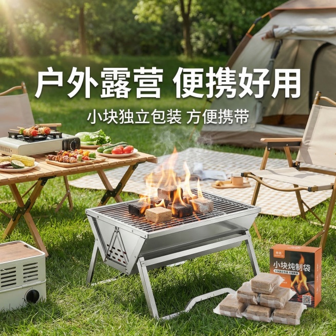 淘宝主图，固体燃料块使用场景，展示户外露营烧烤场景，固体燃料块放在烧烤炉中，周围有野餐装备，背景是草地树林。主文案："户外露营 便携好用"，副文案："小块独立包装 方便携带"，自然清新氛围，文字排版简预览效果