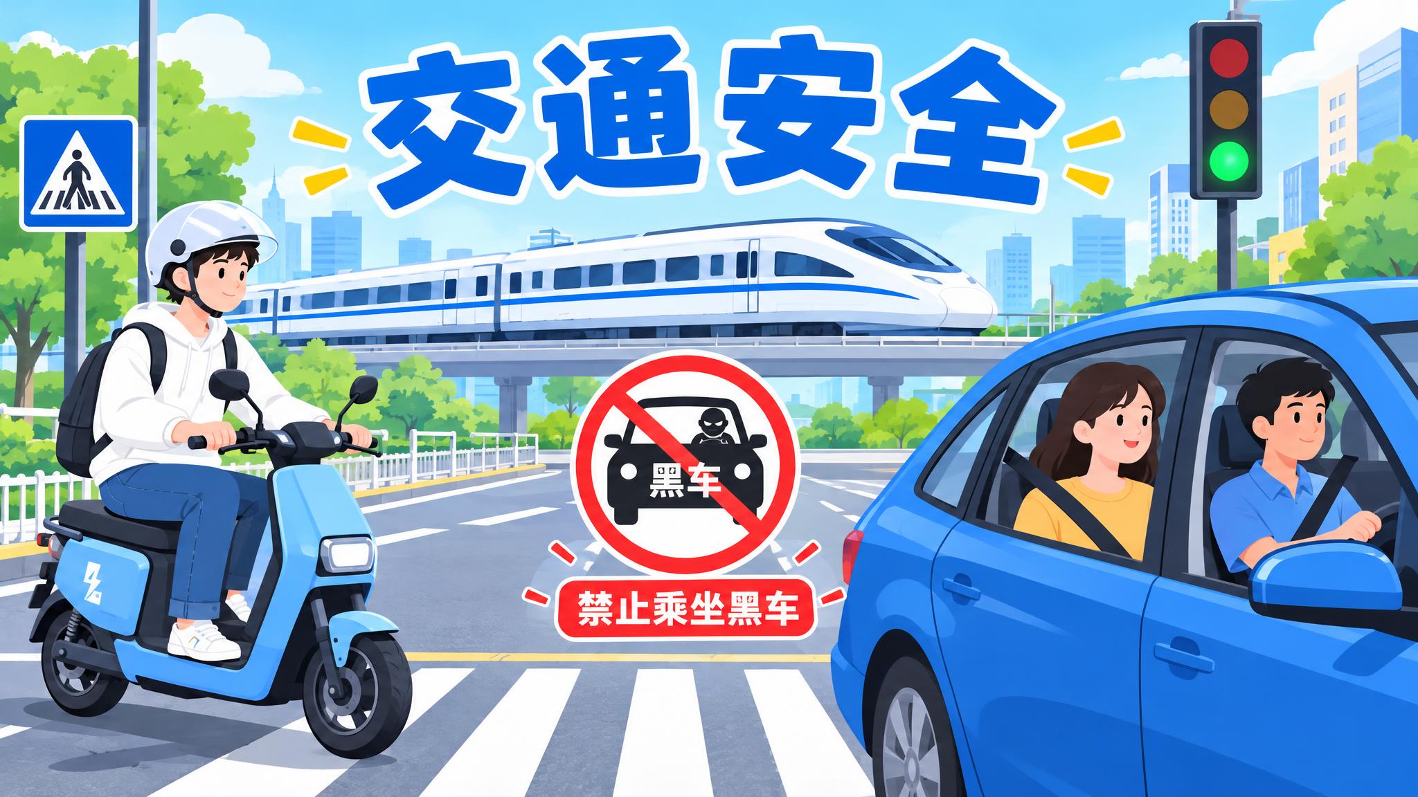 交通安全主题插画，16:9横版构图。画面展示城市道路场景，左侧… - 图片创意预览