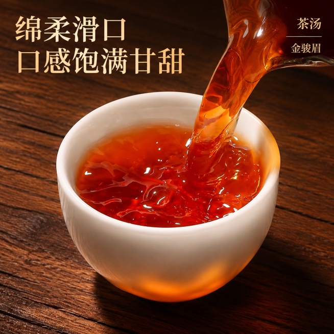 [第4屏] 金骏眉茶汤展示屏，呈现茶汤红润通透质感。本屏使用【图2】作为茶汤主视觉。
[氛围/风格] 温润治愈质感，暖调光影突出茶汤诱人色泽，高通透商业摄影。
[元素布局] 白瓷茶杯居中，冲入茶汤的动预览效果