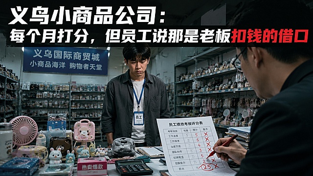 微信公众号文章封面图，主题为义乌小商品公司员工绩效考核争议。画面中央是一位表情无奈的年轻员工站在办公桌前，桌上堆满小商品样品和打分表格，老板的手正拿着红笔在评分表上打叉扣分。背景是义乌小商品市场风格的货架，摆满各种小百货商品。整体色调偏冷，带有职场压抑感。画面上方有醒目的大字标题："义乌小商品公司：每个月打分，但员工说那是老板扣钱的借口"。新闻纪实风格，构图饱满，适合公众号封面传播。
