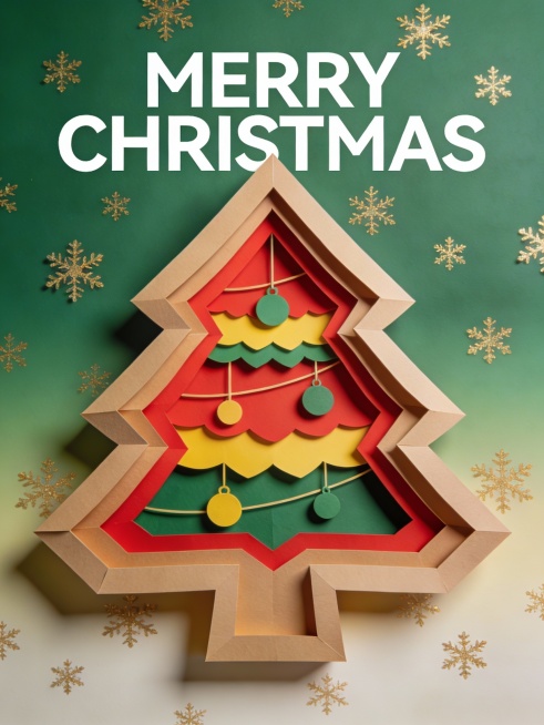 画面主体是立体纸艺圣诞主题创意海报。画面元素充满设计感与层次感，背景为绿色渐变，点缀金色雪花；中央是多层立体纸艺风格的圣诞树，呈现出分层的结构，外层为浅棕色纸边，内部有红、黄、绿等色彩的装饰层，装饰有预览效果