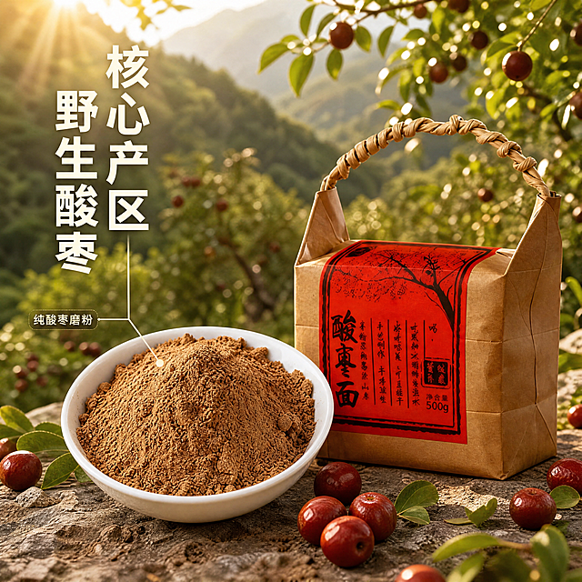 [主图-2] 产地溯源核心亮点展示
[氛围风格] 自然原生态，真实可信
[画质] 商业摄影质感，光线柔和通透，产品清晰真实，画面干净高级
[元素] 远景是晋冀陕山区野生酸枣树实景，近景摆放酸枣面产品碗装+完整包装，保持产品外观颜色包装文字和原图完全一致。画面中心产品实物清晰，背景山林模糊虚化突出主体，前景散落几颗新鲜红酸枣，自然原生态产地氛围
[光影] 午后自然山林暖阳，逆光透过树叶形成丁达尔效应，光线温暖柔和，突出食材天然感
[配色] 主色调山林绿、暖棕，点缀酸枣红，自然清新
[视角构图] 近景平视，前后景分层景深自然
[文字版式] 画面左侧竖排大字文案"核心产区 野生酸枣"，米白色粗体；用极细引线从文字指向产品碗中酸枣面，标注"纯酸枣磨粉"，小字浅米黑边，清晰不抢主体
[比例分辨率] 1:1比例，4k分辨率，文字清晰可辨，超高清
[负向提示词] 变形，水印，文字错乱，产品图模糊，背景杂乱