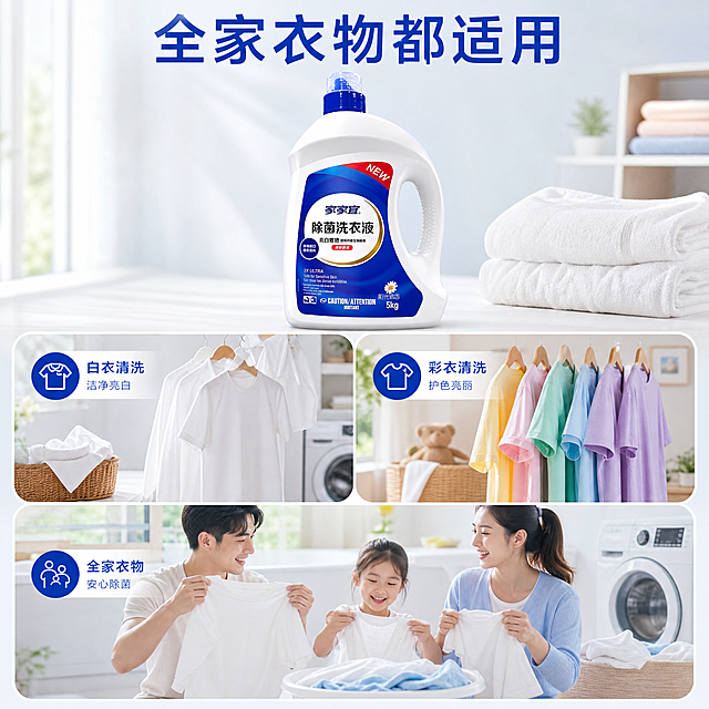 生成一套主图（5张），商品名称是家家宜除菌洗衣液，净含量5kg，卖点是深层除菌洁净
衣物亮白增艳
进口香氛留香
十斤大容量装
全家衣物适用，突出商品卖点，规格是5kg瓶装装陈列设计，并配有清洗衣物后衣物干净留香，不能出现平台官方违规词，结合电商爆款主图边框设计，吸睛力超强，用户看到要点击的感觉，适配电商平台，主图比例为1:1「图片1」