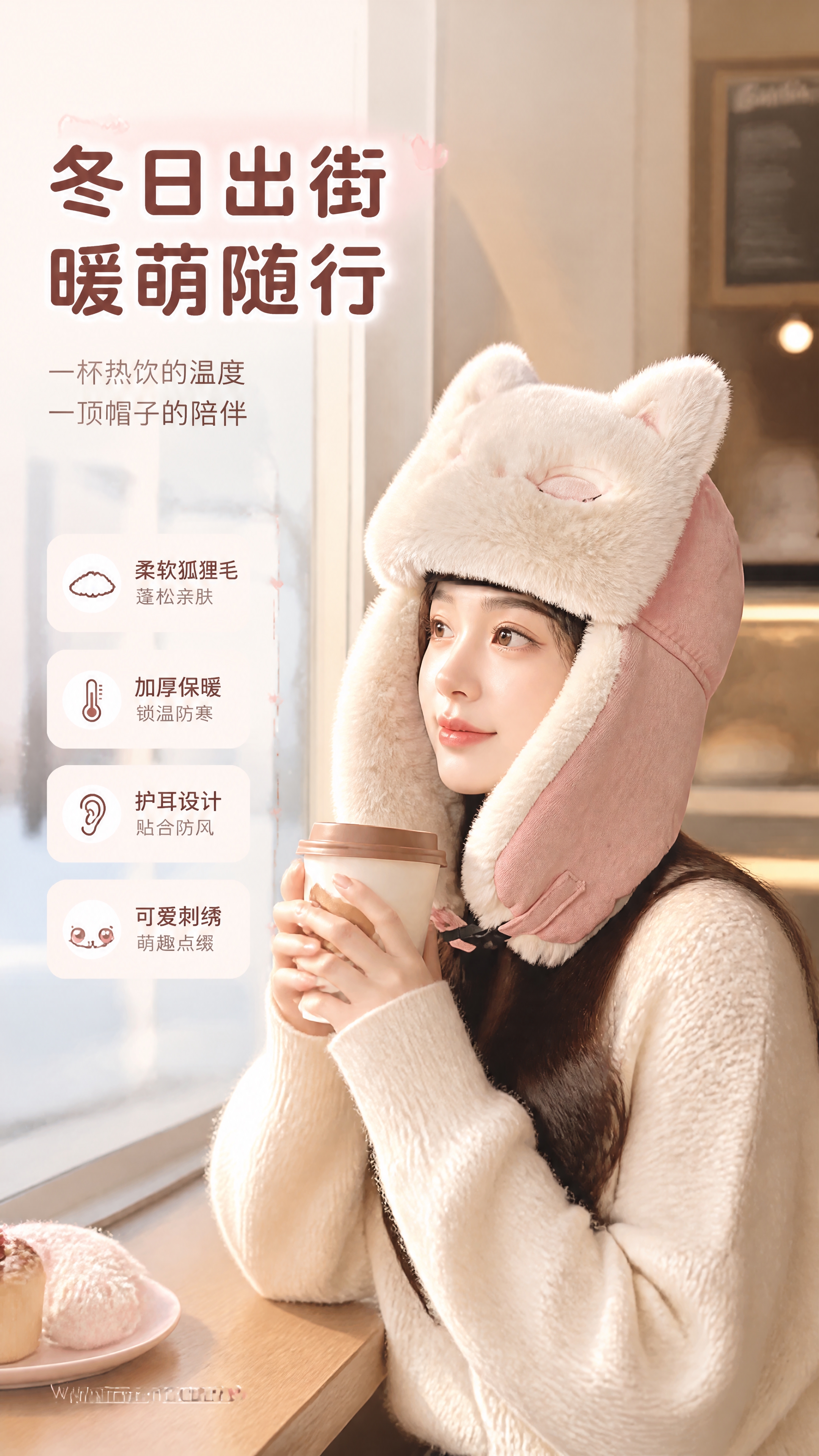 [商品] 使用【图7】粉色款小狐狸毛绒雷锋帽模特图；保留粉色外… - 图片创意预览