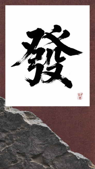 · 主文字： 發
· 字体： 厚重的颜体或隶书书法字，带有飞白和笔触细节。
· 构图： 文字占据画面约三分之二，居中偏上。墨色浓重，仿佛镌刻于金石之上。
· 质感： 背景是带有细微纹理的深灰色或暗红预览效果