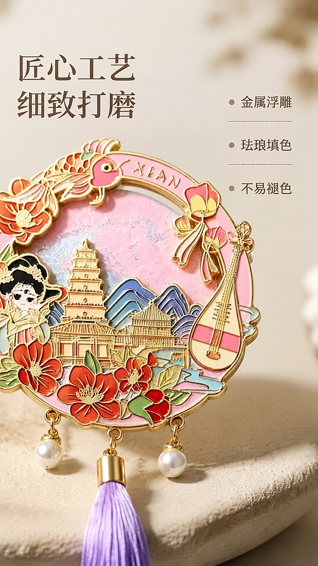 [第3屏] 细节工艺页-金属珐琅工艺微距展示，本屏使用【图1】局部做特写展示。
[氛围/风格] 特写微距质感，高级工业美学，清晰呈现工艺细节。
[元素布局] 特写放大展示中间款冰箱贴的金属边框、珐琅填色和珍珠流苏部分，主体细节占比约80%；背景做虚化处理，突出材质纹理；保留产品原有结构和颜色，清晰展示金属浮雕边缘光滑度和珐琅色彩饱和度。
[光影质感] 侧方硬光突出肌理，金属高光清晰，珐琅表面光泽自然，阴影勾勒浮雕轮廓，层次分明。
[配色色系] 全局底色 #ece6e0，主色保留产品粉色珐琅与金色金属质感，辅助色淡暖灰背景。
[视角构图] 微距特写，局部放大，焦点在工艺细节上。
[文字版式] 左侧主标题「匠心工艺 细致打磨」，右侧分点卖点：「金属浮雕 / 珐琅填色 / 不易褪色」，信息点清晰排版，不遮挡核心细节。
[比例分辨率] 9:16竖版，4K高清。
[负向提示词] 细节模糊，产品变形，颜色偏差，文字错乱。