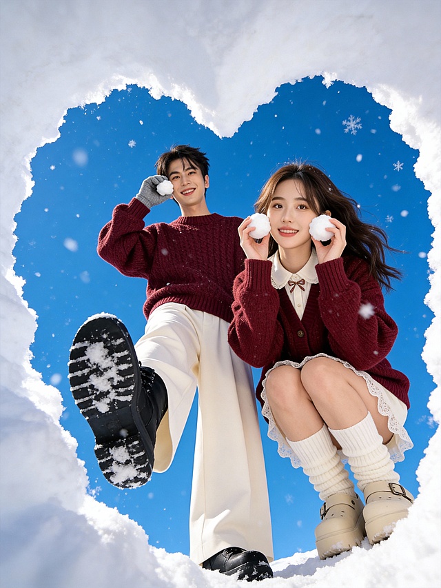 仰拍视角，以蓬松洁白的雪层挖空成的小心形框架为前景，背景是高饱和度的纯净蓝天，同时添加动态飘落的细碎雪花，一对情侣靠近对方、头靠着头：左边男生穿酒红色粗针织圆领毛衣，宽松落肩版型，纹理清晰，质感软糯；米白色垂感阔腿长裤，宽松直筒版型，面料顺滑，穿黑色雪地靴，右脚向上翘起（鞋底正对镜头），站直，身体后仰，右手带灰色手套，拿小雪球贴脸颊，自然地开心笑着；右边女生穿酒红色宽松针织开衫外套，搭配米白色娃娃领内搭衬衫（领口点缀小蝴蝶结装饰）；米白色蕾丝边短裤，搭配米白色堆堆袜 + 厚底勃肯鞋。她拿着两个雪球贴脸，蹲在洞口前，身体往前探，对着镜头自然的微笑，两人身体贴在一起。画面采用极具冲击力的超广角鱼眼镜头“自拍”视角，整体光影为自然日光，色彩鲜艳，8K超高清画质。高饱和色彩，网红打卡感，营造冬日户外鲜活氛围感。