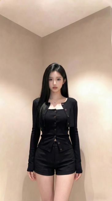 将图一图二的黑色开衫+内搭上衣穿搭换到图三人物身上，扣子完全一致，下半身搭配黑色短裤，去除包包，双手自然下垂，脖子佩戴精致项链，调整为模特身材，腰细，身材比例优越，呈现9:16比例的半身画面，真实自然预览效果