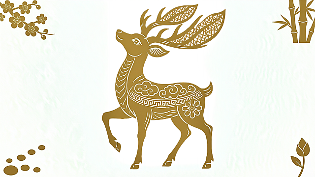 Paper-cut style, vector graphic, a natural standing deer with its right front hoof raised, head tilted upward at about 30 degrees, elegant antlers, smooth contour lines with variable thickness, hollow-cut and layered paper art effect, clean white background, sharp edges, gold or white paper texture, flat colors, high-resolution vector illustration