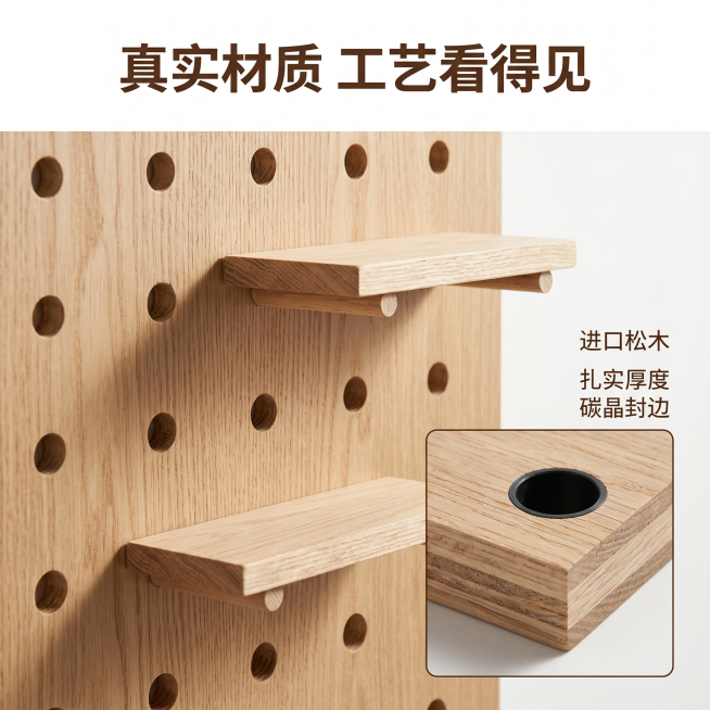 「图片1」，生成一套主图（5张），商品名称是实木洞洞板，卖点是纯实木 防水防潮 样品免费顺丰包邮 免费拿样 选用新西兰松木进口实木 全网首发碳晶工艺 厂家直销,十年质保,支持定制，风格是舒适温馨风，适预览效果