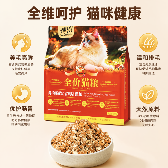 [主图-4] 鲜肉蛋酥奶霜猫粮多重功效展示拼图
[氛围风格] 清晰专业功效科普风
[画质] 商业摄影质感、光线柔和通透、产品清晰真实、画面干净高级
[元素] 上半部分展示完整猫粮包装袋下半部分展示猫粮预览效果