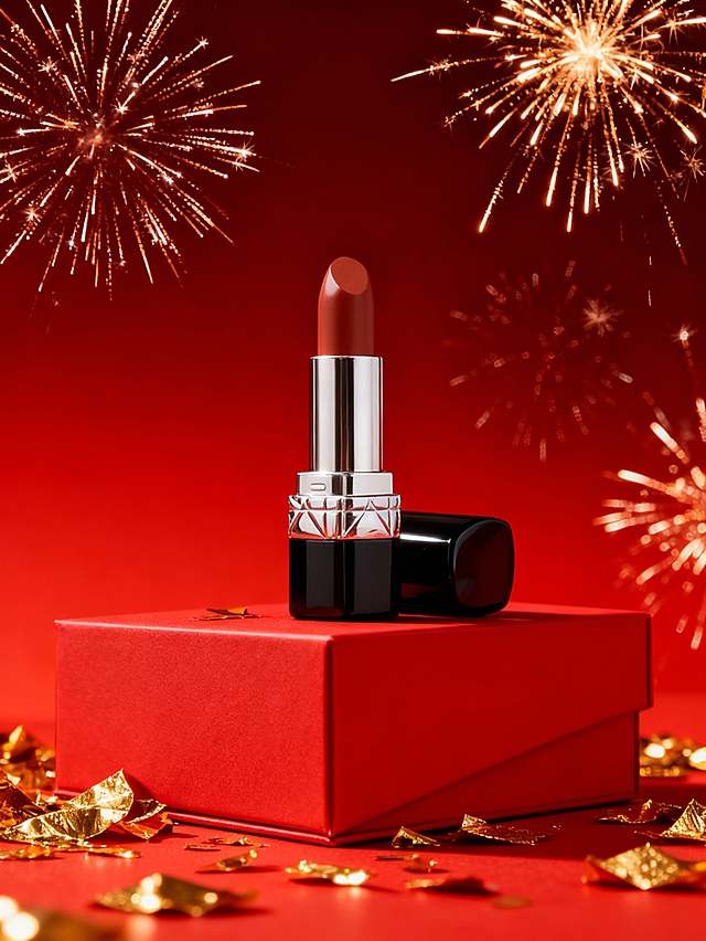 仰视角度拍摄的主体陈列在红色哑光礼盒上的特写，占画面五分之一。背景是红色礼盒呈倾斜放置在主体背后，突出商品质感。周围点缀金箔、烟花装饰，背景为暗红色到红色的上下渐变。