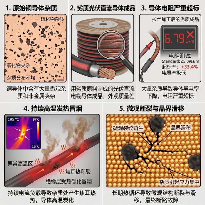 基于原图修改，保持五帧布局和其余三帧不变：1.第二帧改成光伏直流电缆，保留放大镜放大导体细节，标题修改为"2. 劣质光伏直流导体成品"；2.第三帧把电阻数值改成"6.79Ω/m"，标准值改为"不大于5预览效果