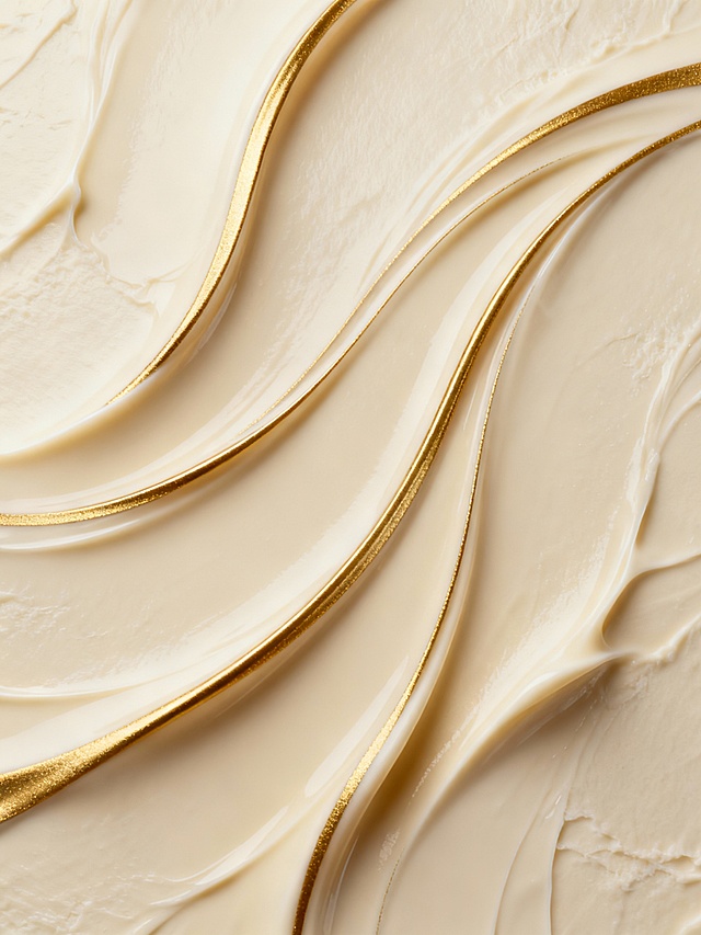 以不同颜色的奶油材质为背景，表面光滑细腻，带有柔和的光泽感与轻微的纹理，背景上覆盖着流畅飘逸的金色流线型线条，线条纤细而富有弹性，呈现出自然弯曲、相互交织的动态美感，线条的粗细均匀，边缘清晰，整体构图简洁现代，突出线条的流动韵律和奶油背景的柔和质感。