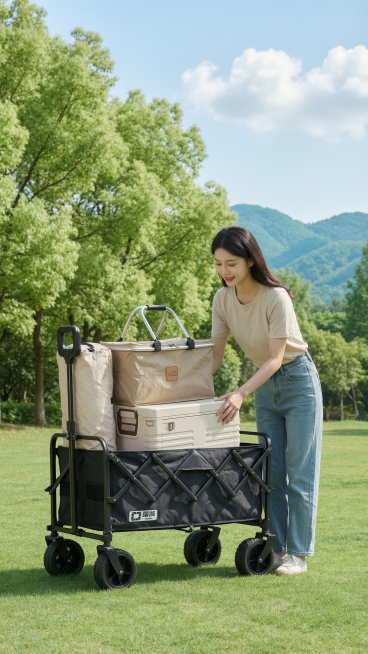 8K高清写实商业摄影，平视视角，黑色折叠露营车，车停在户外晴朗白天的翠绿草坪上，背景是茂密的鲜绿色阔叶树林、远处青绿色连绵山丘，天空是干净的浅蓝色有蓬松白云，女生扶着卡其色保温箱，把箱子放到推车上，姿预览效果