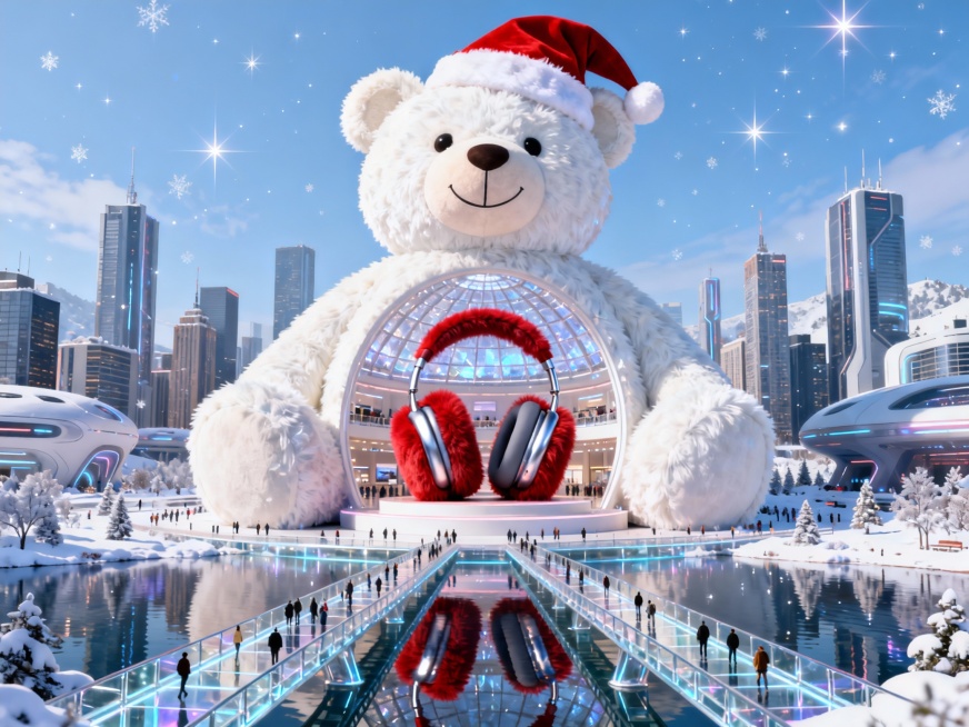 巨型白色毛绒泰迪熊高耸于未来城市，头戴圣诞帽，微笑温暖可爱。胸腔处为宏大空心穹顶展厅，里面是一个巨大的几乎占满泰迪熊肚子的展台，展台上是一个巨大的被红色长毛绒包裹的银灰色金属智能耳机，质感柔软蓬松、颜预览效果