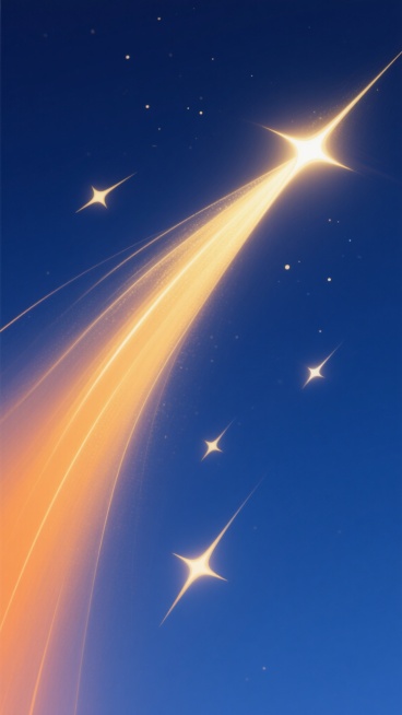 金色与橙色渐变的流星划破深邃的靛蓝色夜空，流星尾迹呈现出柔和的光晕扩散效果，线条流畅且富有动感，整体画面简洁大气，仅以几颗大小不一、方向各异的流星作为视觉主体，背景纯净无杂色，营造出温暖而璀璨的夜空氛围，风格偏向现代简约的装饰艺术。预览效果