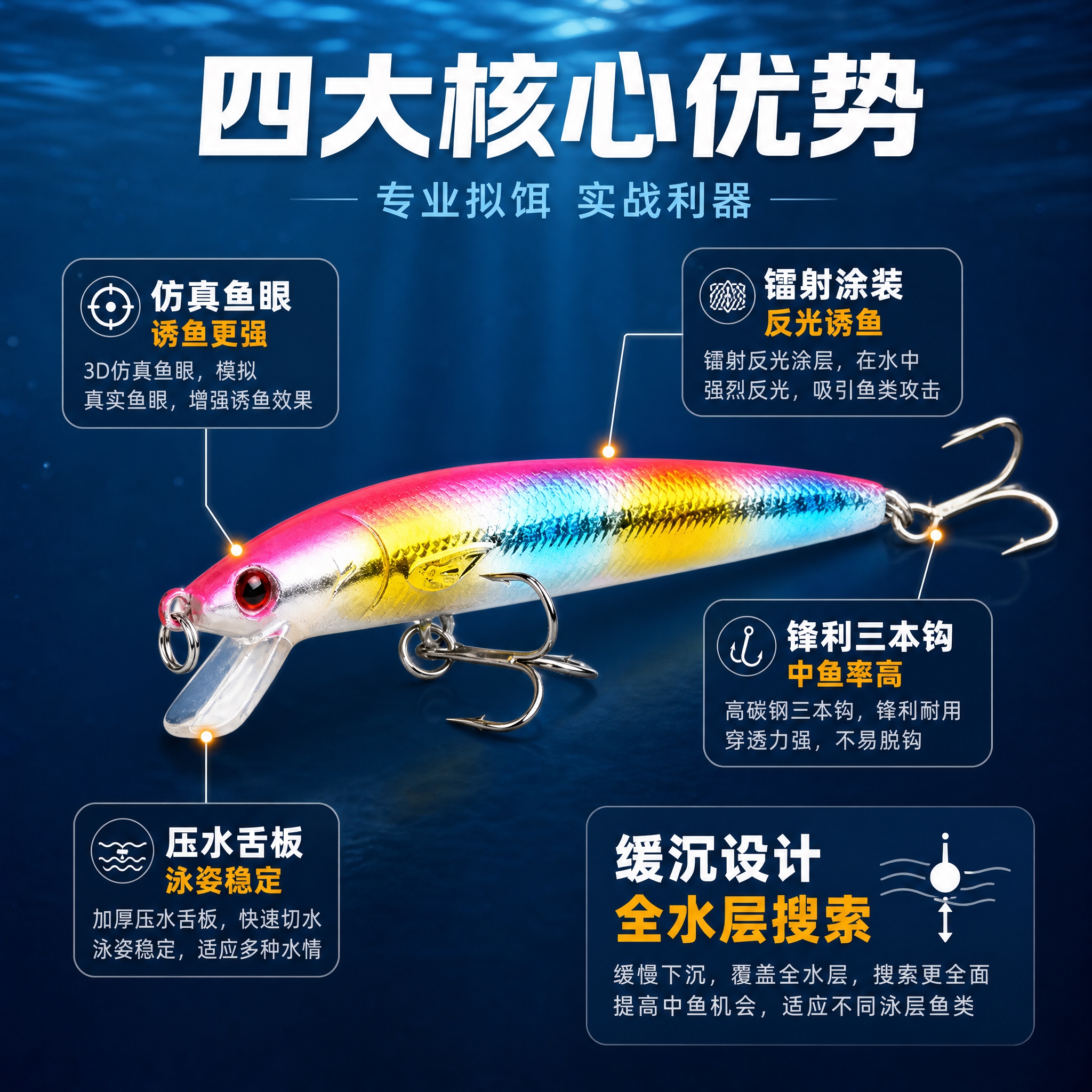 [主图-2] 核心亮点功能说明图 展示假饵结构优势与诱鱼原理… - 图片创意预览