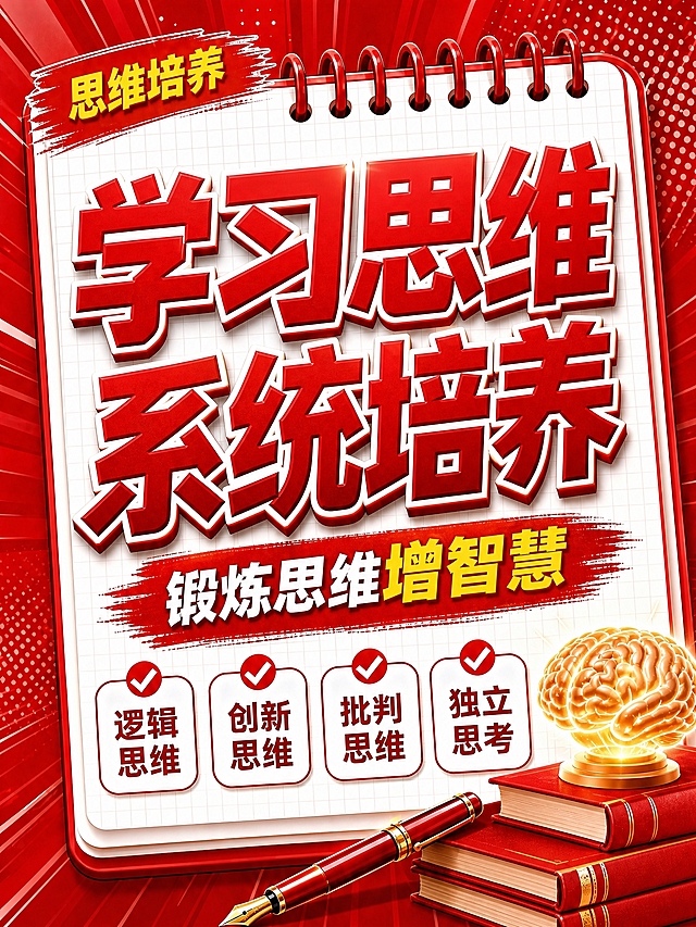 红色立体字风格开学季竖版海报，红色线圈笔记本构图，深红色放射背景。画面比例3:4竖版。背景深红色放射光线+波点装饰。画面主体是白色线圈笔记本，带网格纹理，顶部红色线圈环。左上角红色笔刷标签写着"思维培养"，黄色文字。中央超大号红色立体字主标题分两行：第一行"学习思维"，第二行"系统培养"，带白色描边，视觉冲击力强。下方红色笔刷底纹配白色文字副标题"锻炼思维增智慧"，"增智慧"三个字用金黄色突出。底部四个白色圆角对勾框横向排列，红色对勾图标："逻辑思维""创新思维""批判思维""独立思考"。右下角装饰：堆叠的红色书本、红色钢笔、发光大脑。整体红色放射背景，商务大气有冲击力，文案超大醒目。画面中所有信息区域必须填充完整合理的内容，不得出现空白框。