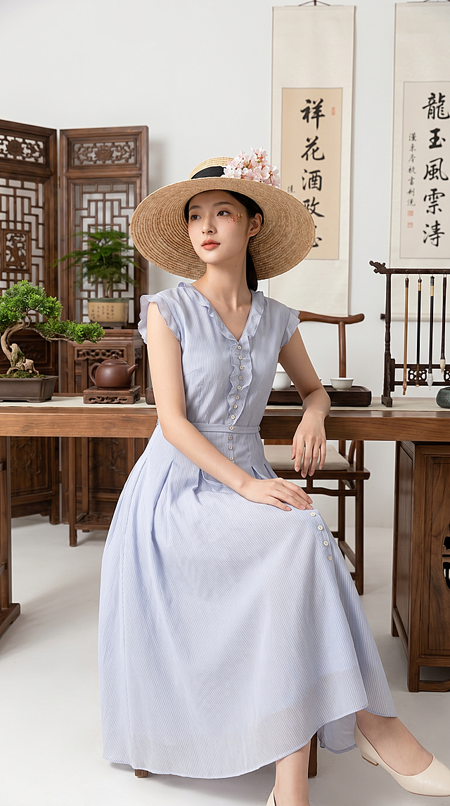 坐姿全身照，模特保留image4的长相，相似度达到90%以上，表情自然，穿着image1-3中的浅蓝竖条纹木耳边v领收腰中长款连衣裙，衣服不变，搭配大檐草编礼帽，新中式茶室场景，柔和自然光，新中式高级感，留白多，8k真实摄影质感