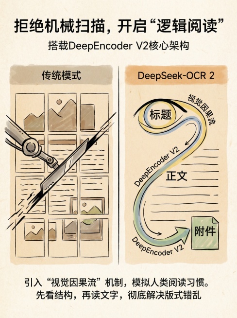 图片 2: 核心突破 - 视觉因果流 (Visual Causal Flow)
核心信息： 解释 DeepEncoder V2 如何像人一样“看”文档（先全局后细节）。

图片设计：

对比展示：预览效果