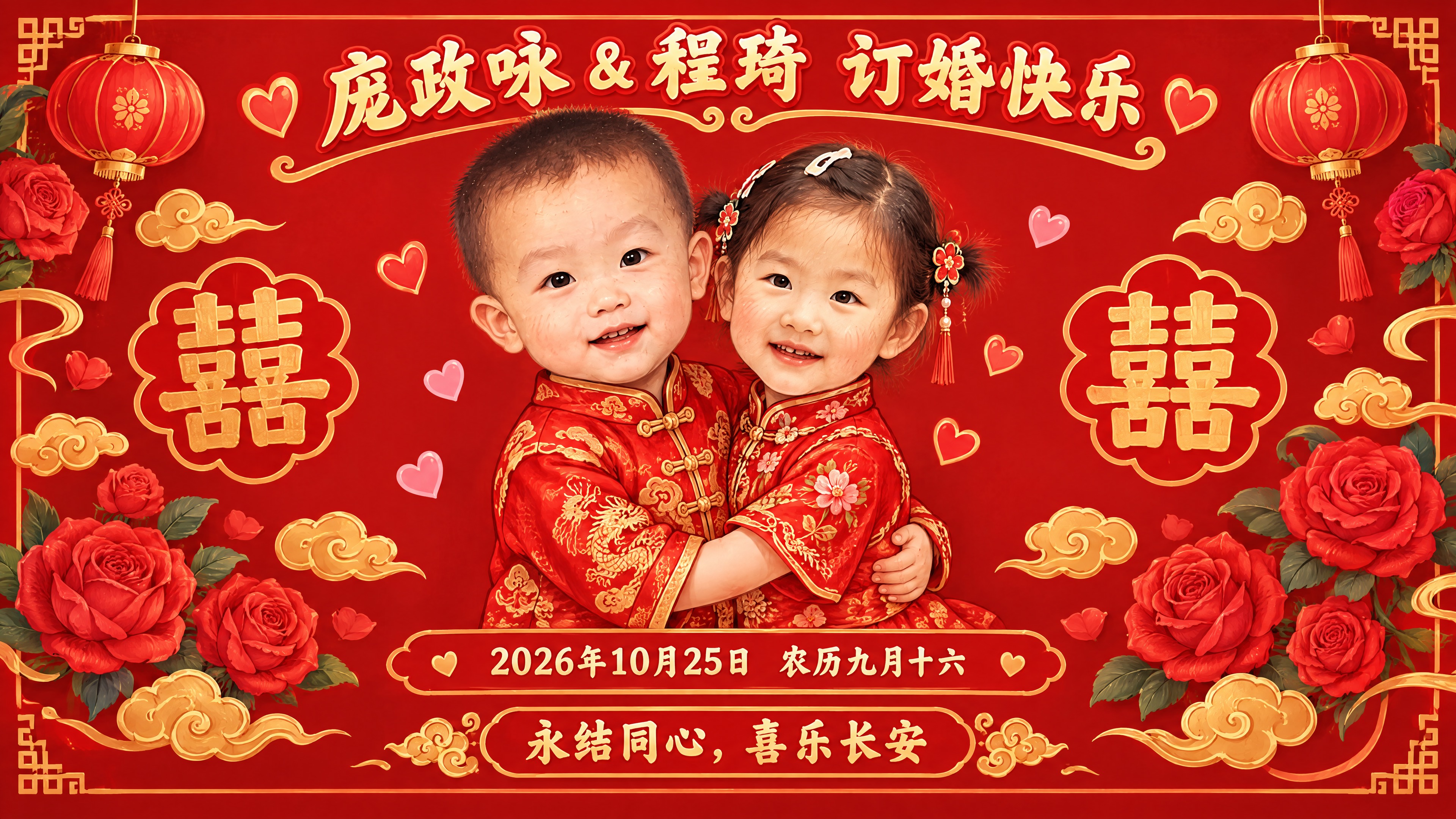 国潮卡通手绘风格订婚背景图，正红色背景，16:9横版。画面中央… - 图片创意预览
