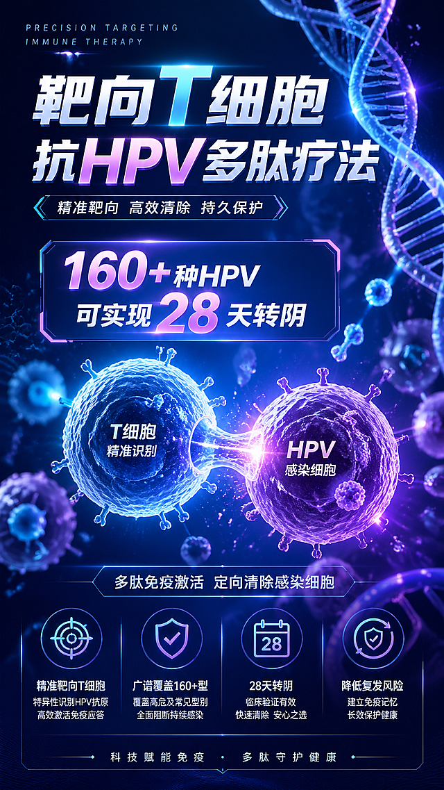 重新生成一张充满科技感的生物医药竖版海报，主题是靶向T细胞抗HPV多肽疗法，核心信息醒目展示："靶向T细胞抗HPV多肽疗法"，"160+种HPV 可实现28天转阴"，背景添加发光DNA双螺旋和细胞分子动态元素，采用未来科技蓝紫渐变配色，光影效果炫酷，提升科技感和视觉冲击力