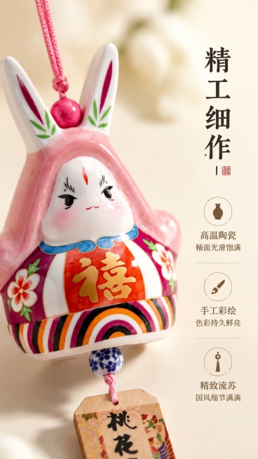 [第6屏] 细节工艺页-展示兔爷挂件的材质与彩绘工艺。本屏使用【图1】作为细节展示主体。
[氛围/风格] 微距特写，突出陶瓷材质与手工彩绘质感，高级商业摄影。
[元素布局] 特写兔爷头部与上身彩绘区域预览效果