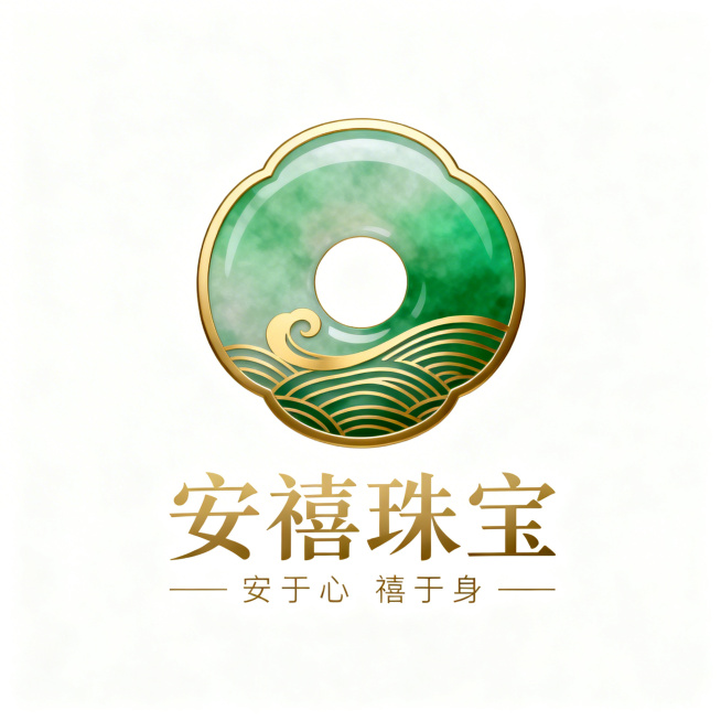 现代简约风格珠宝品牌LOGO，核心为玉镶造型，参考传统翡翠圆平安扣形状，采用绿金标志风格。主色为正阳绿渐变搭配亚光金，内部融入中式波浪水纹与玉扣轮廓结合的抽象流线型金纹。下方搭配新中式书法体的“安禧珠预览效果