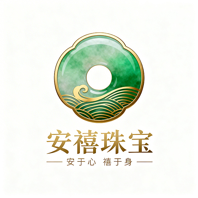 现代简约风格珠宝品牌LOGO，核心为玉镶造型，参考传统翡翠圆平安扣形状，采用绿金标志风格。主色为正阳绿渐变搭配亚光金，内部融入中式波浪水纹与玉扣轮廓结合的抽象流线型金纹。下方搭配新中式书法体的“安禧珠宝”字样，简约大气无衬线修饰，字体颜色为亚光金；最下方标注纤细无衬线体小字“安于心 禧于身”。整体轻奢现代，适配30-50岁中高端客群，平面化矢量图，无背景