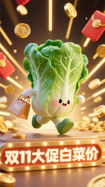 主视觉为一颗小白菜提着购物袋冲出画面，正面视角，背景金币、红包、放射线点缀，画面下方为3D文字灯牌“双11大促白菜价”预览效果