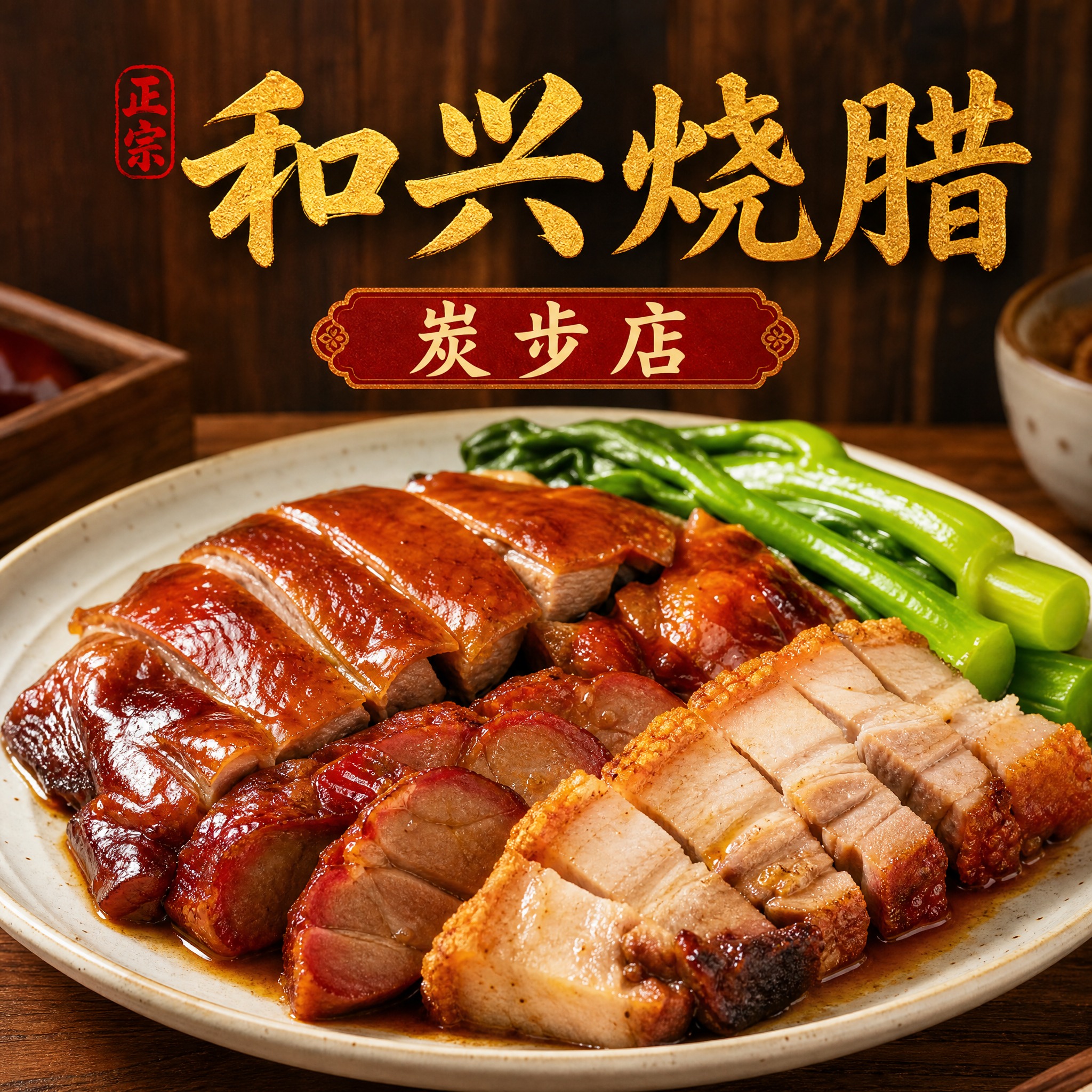 烧腊饭店头像设计，店名"和兴烧腊炭步店"，写实风格，画面中央展… - 图片创意预览