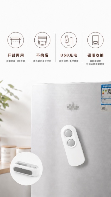 保留原图【图1】所有上方图标文字、排版、背景、左下角特写完全不变，仅将冰箱门上的封口机整体长度略微缩短一点点，宽度略微增加一点点，让整体比例和参考图【图2】完全一致，保持两个圆形按钮位置不变，整体圆润预览效果