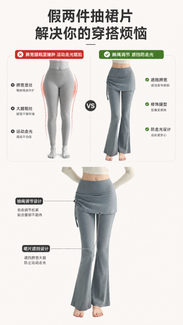 [第2屏] 假两件抽绳设计卖点解析，多色百搭显瘦户外慢跑训练裤。本屏使用【图1】烟灰色产品作为主体。
[氛围/风格] 痛点对比风，浅米色背景，清晰图文对比，商业实用风格。
[元素布局] 上半部分左侧痛预览效果
