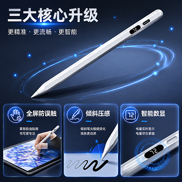 使用电商主图技能生成10张比例1:1的电商主图，适配平台为，商品为「图片1」，商品卖点为全屏防误触、倾斜压感、智能数显，其他要求为结合平板出现，以科技风格为主