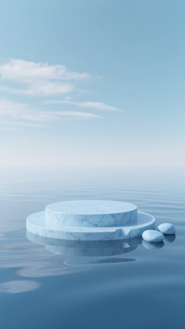 极简主义风格的3D渲染场景，柔和的淡蓝色渐变天空中漂浮着几缕薄云，画面下方是平静的水面，水面上有一个圆形的浅蓝色大理石材质展台，展台边缘有不规则的几何切割造型，展台旁边点缀着两块浅蓝色的光滑鹅卵石，整体色彩以清新的浅蓝色为主调，营造出宁静、简约、高级的氛围，光线柔和，阴影细腻，水面有轻微的波纹和展台的倒影，整体构图简洁大方，留白充足，具有极强的空间感和设计感。预览效果